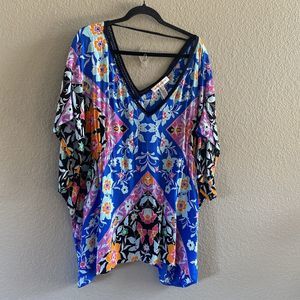 Nanette Lepore Caftan Swim Cover Womens Small Blue Floral Tunic Boho Resort